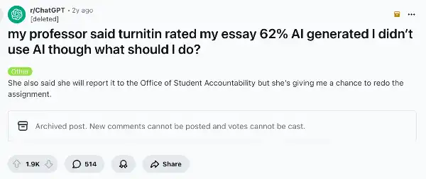 Reddit discussion about Turnitin AI detector false positive ruining academic career