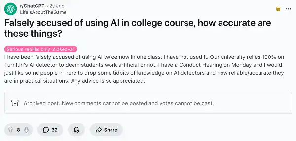 Student sharing experience of being wrongly flagged by Turnitin AI detection